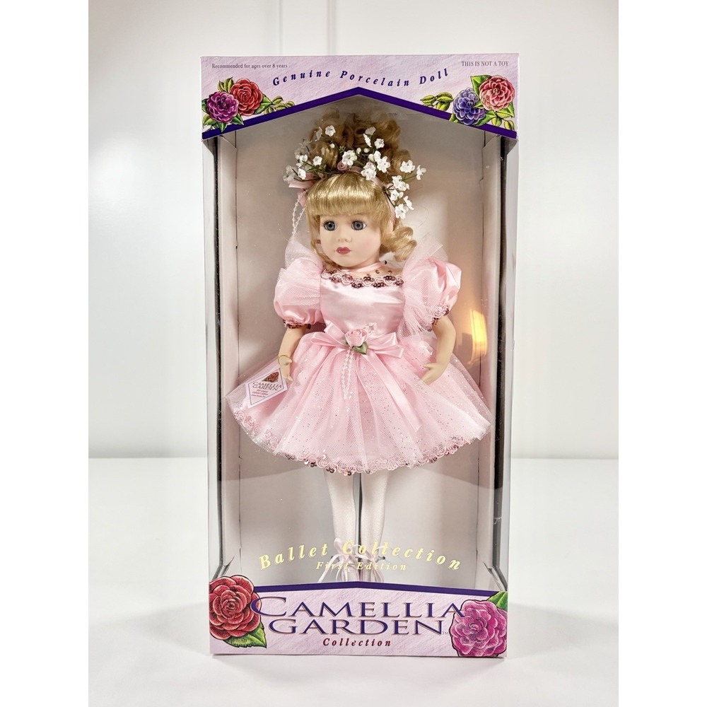 Vintage 90s Brass Key Porcelain Ballerina Doll Camellia Garden First Edition 17"